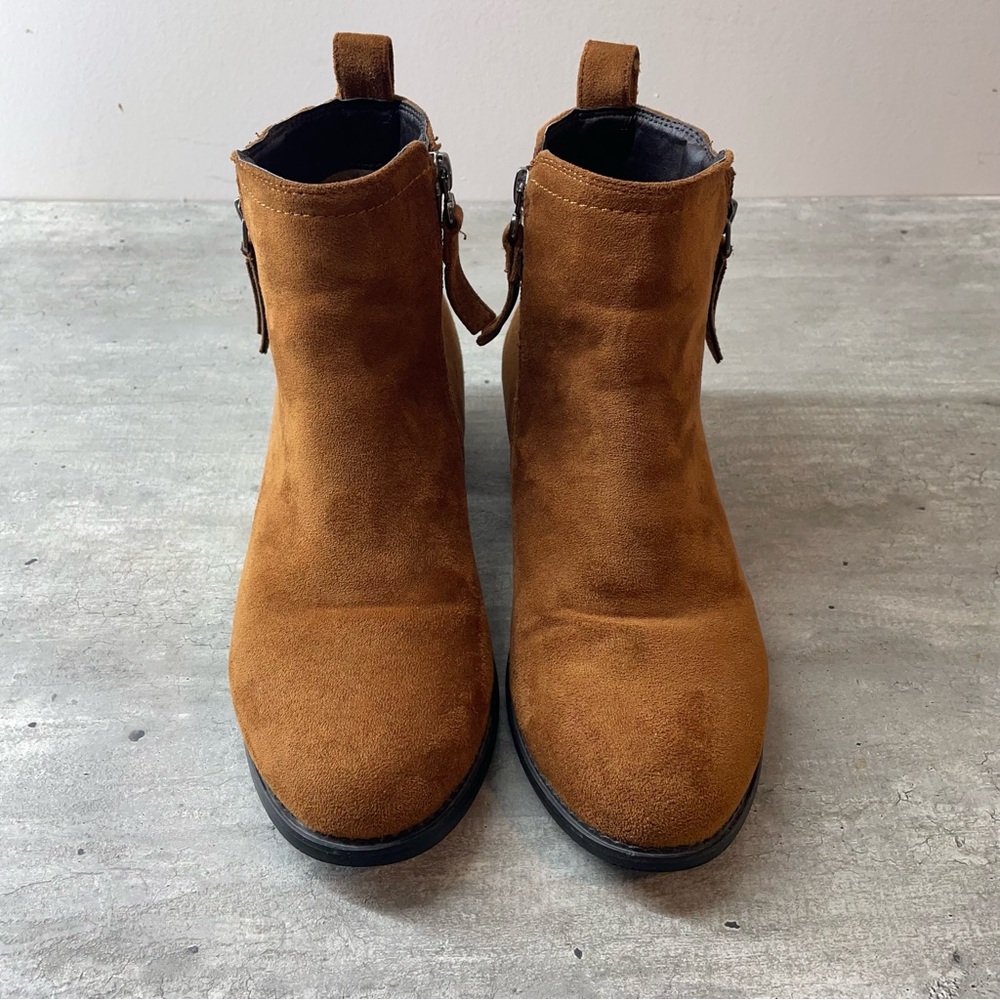 Lauren Taylor Ankle Boots Womens 37 Cognac Brown Faux Suede Fur Lined Zip
